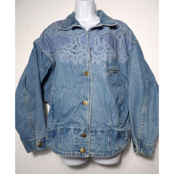 Vtg 90s Together Jean Jacket Sz Large Denim Eyelet Crochet Buttons READ - Picture 1 of 16